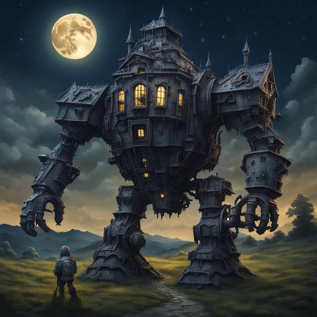 Haunted Mechanical Castle Golem Stalks Moonlit Countryside