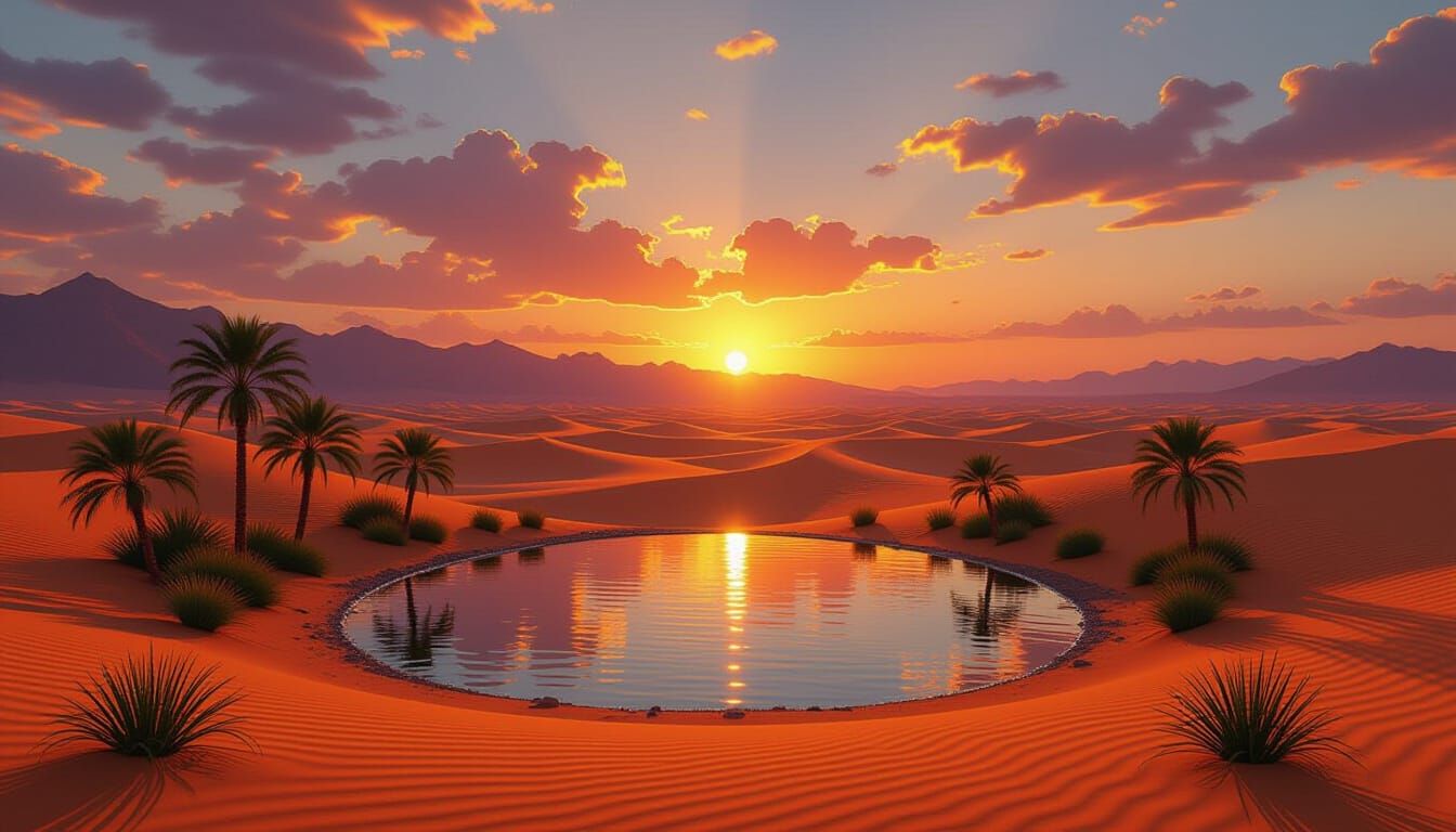 Dramatic Desert Oasis Sunset in Hyperrealistic Style