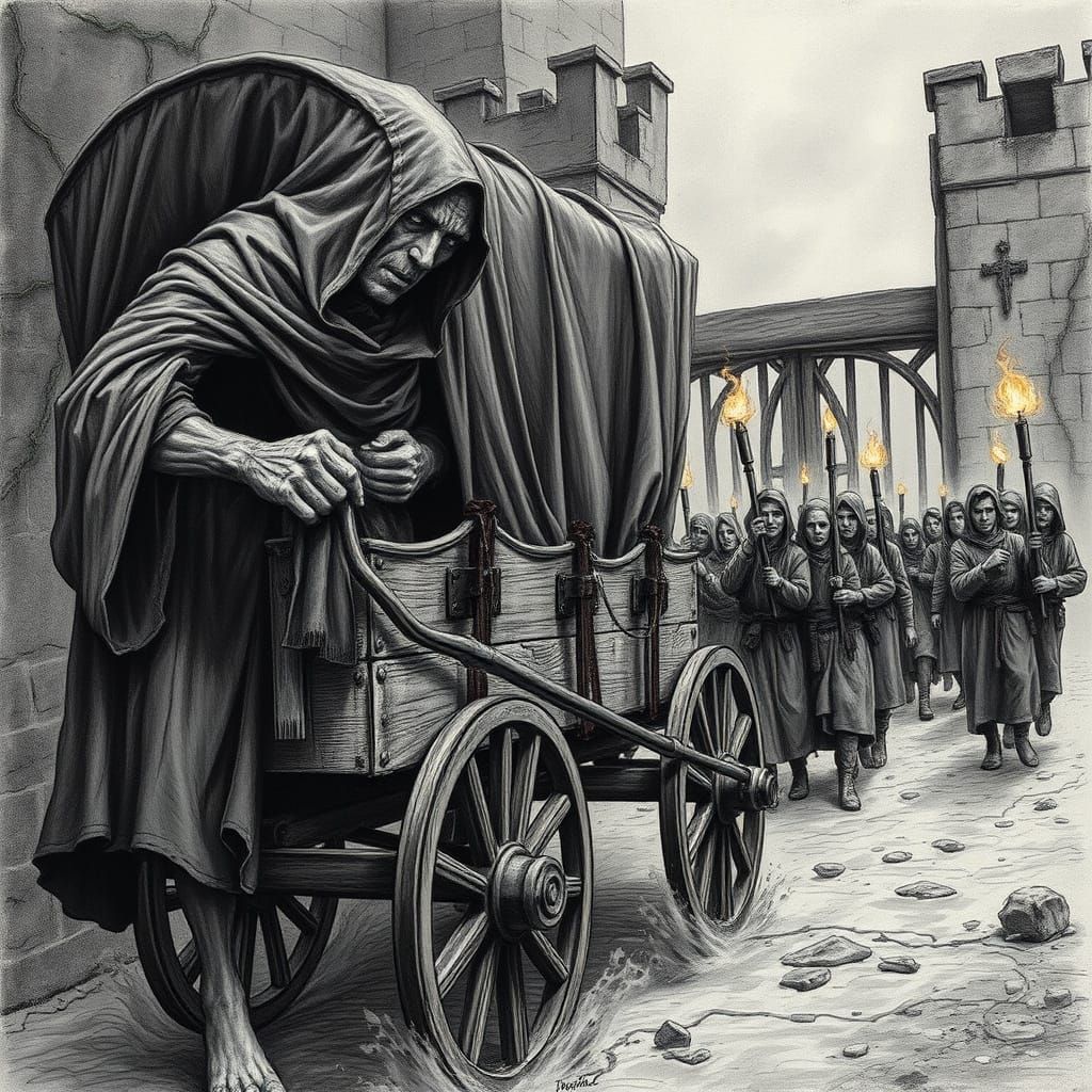 Ethereal Figure Guides Wagon Towards Ruined City Gates in a ...