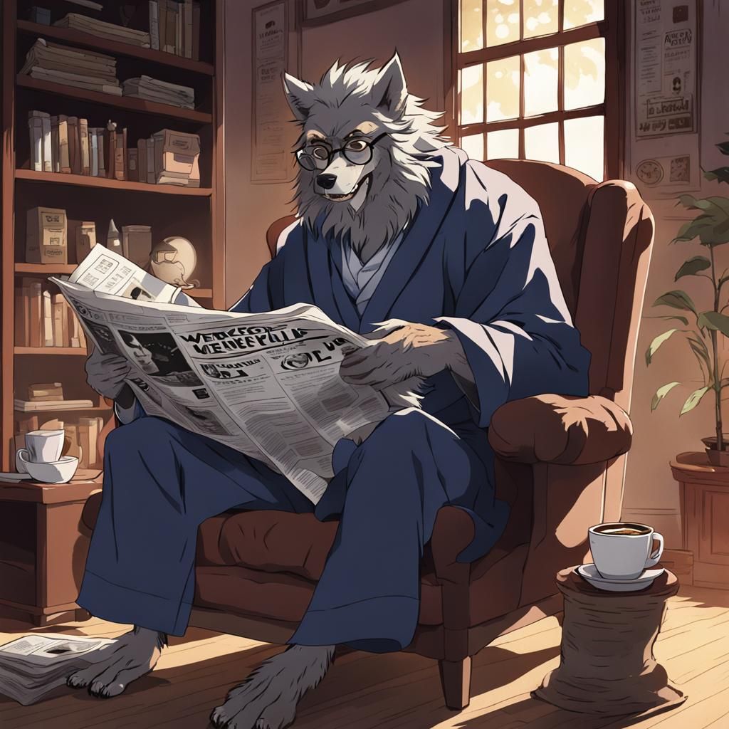 Anime Werewolf Dad Reading Newspaper
