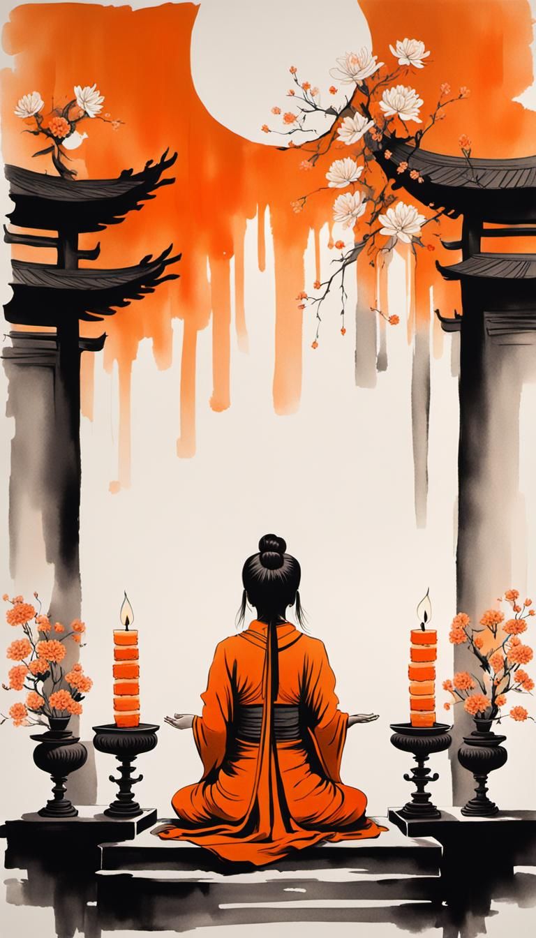 Minimalist Ink Painting of Praying Girl