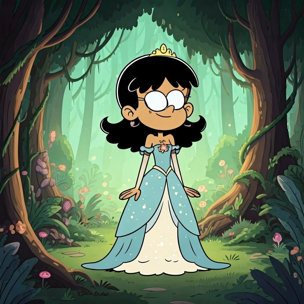 : Stella Zhau, reimagined as a magical princess, stands in an enchanted forest, surrounded by mythical creatures and glo...