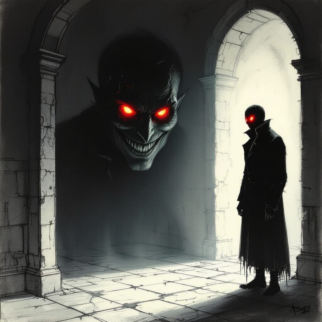 Man With Glowing Red Eyes and Wide Smile in Dimly Lit Room