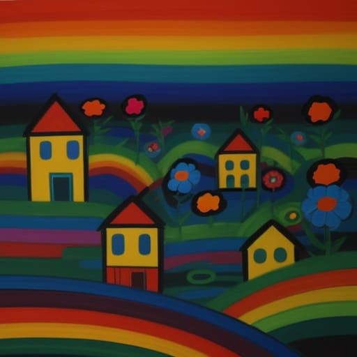 Houses and Rainbows in Takashi Murakami Style