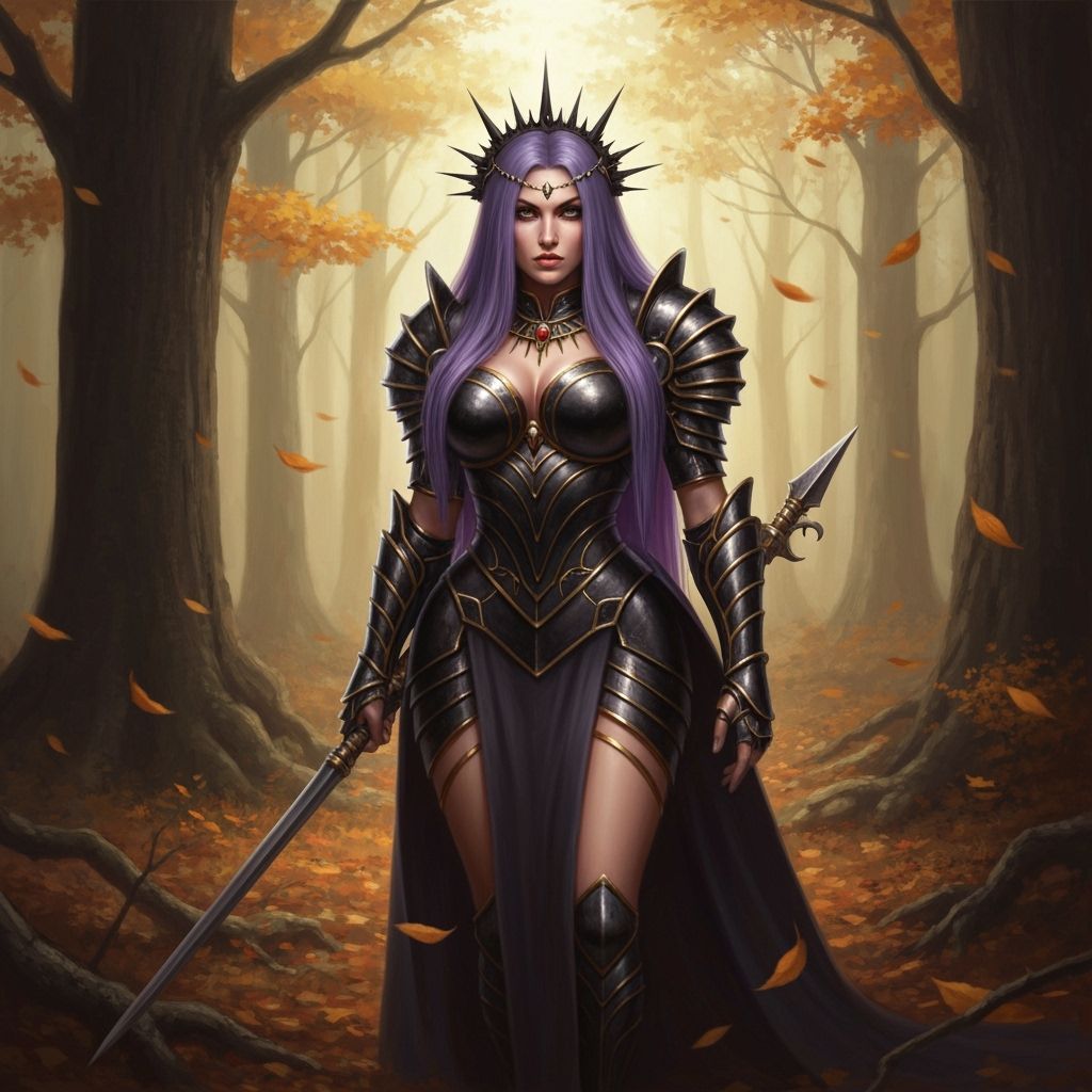 Powerful Warrior Woman in Autumn Forest