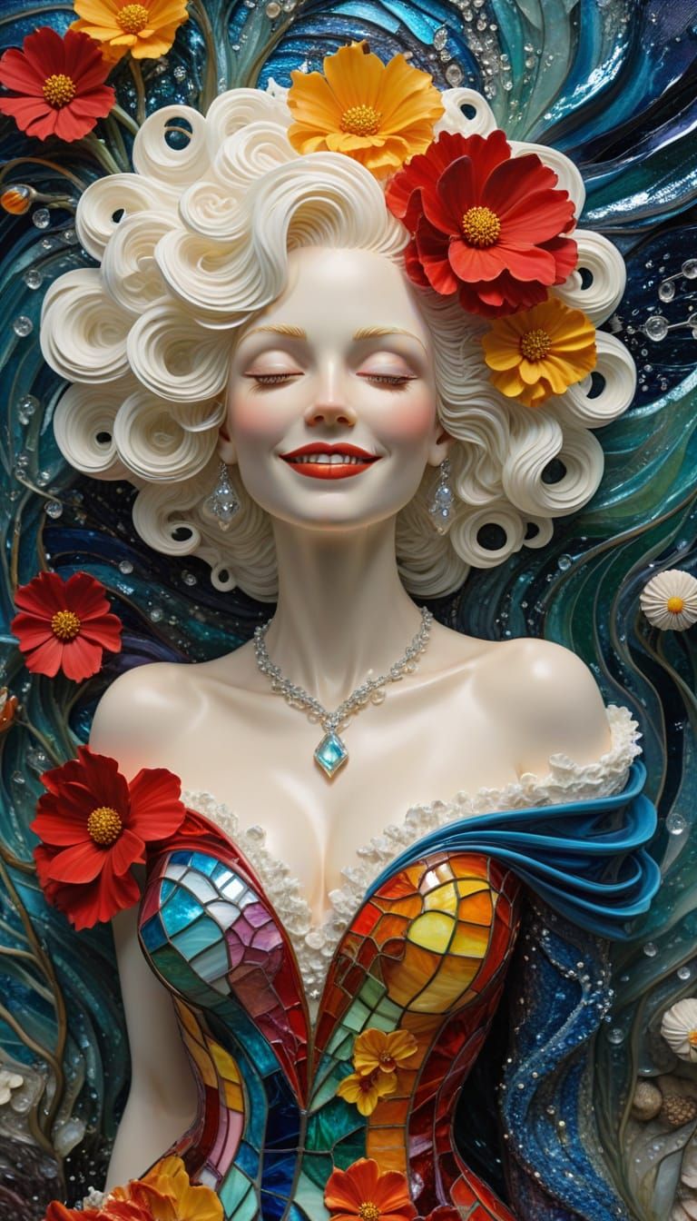 Stained Glass Albino Woman Sculpture on Stormy Beach