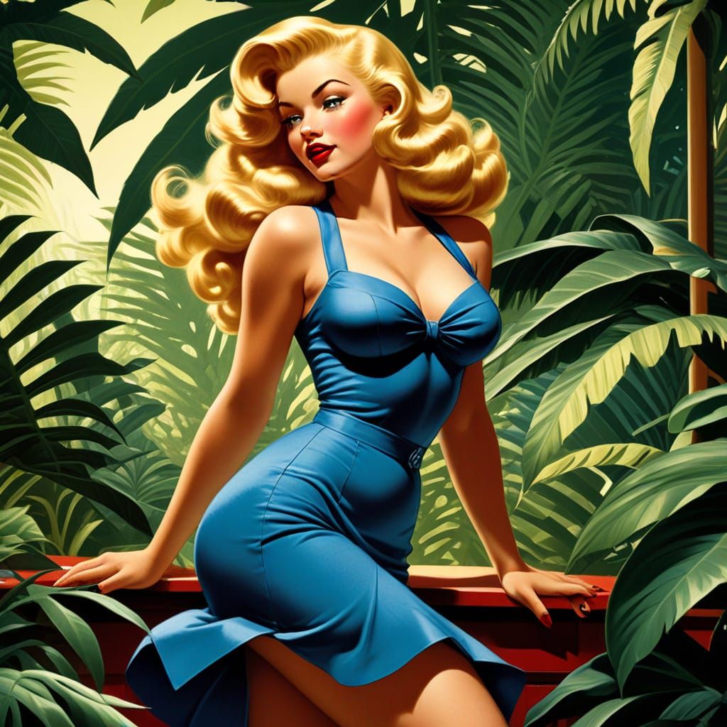 Blonde Woman in Blue Dress: Classic Pin-Up Art