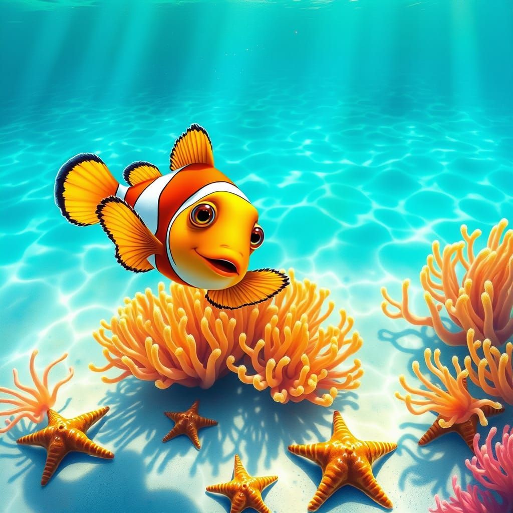 Turquoise Ocean Scene with Starfish and Clown Fish