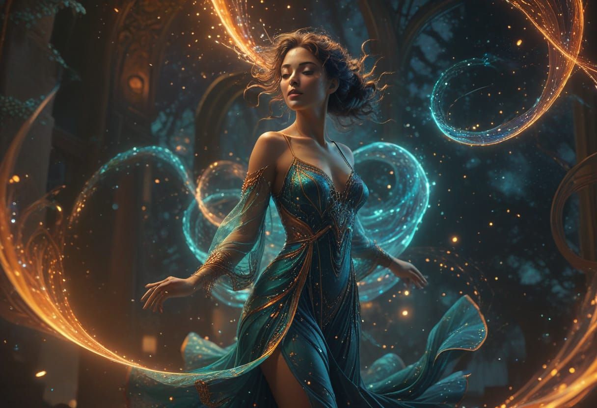 Dancing Woman in Vibrant Cosmic Night Air
