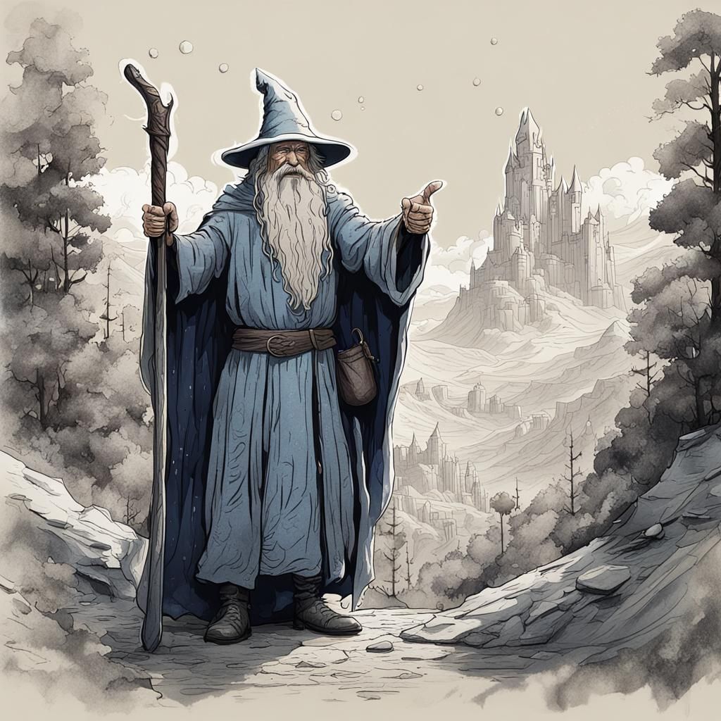 Gandalf Winks: Detailed Ink Sketch on Rough Paper