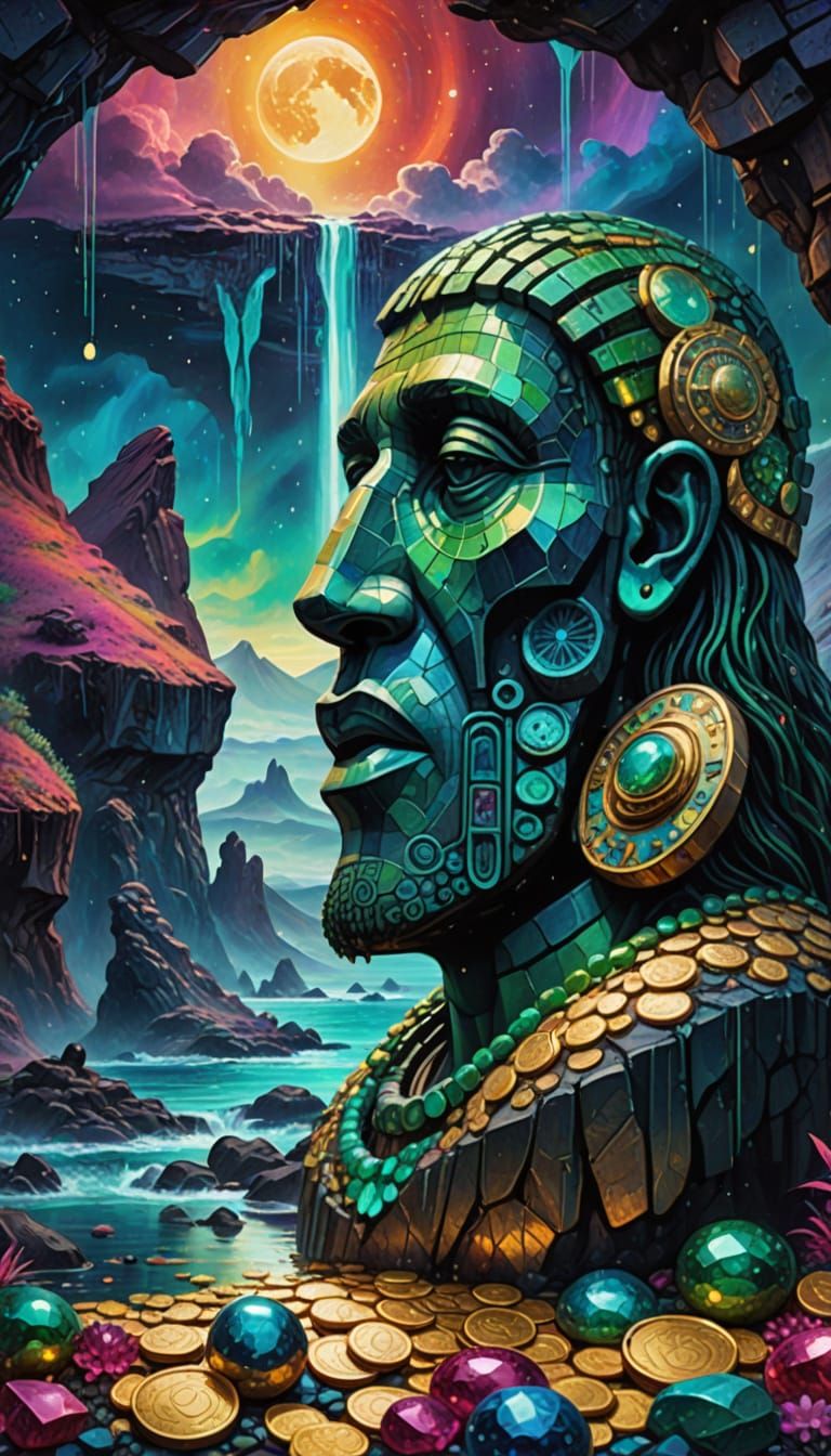 Cosmic Dreamscape with Vibrant Easter Island Sculpture in a ...