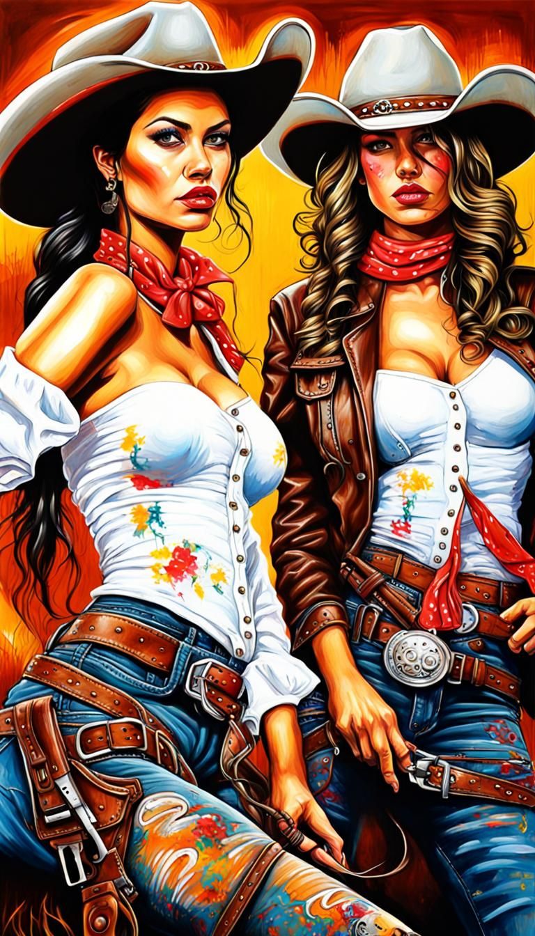 Mexican Cowgirl Gunslingers in Graffiti Art Style