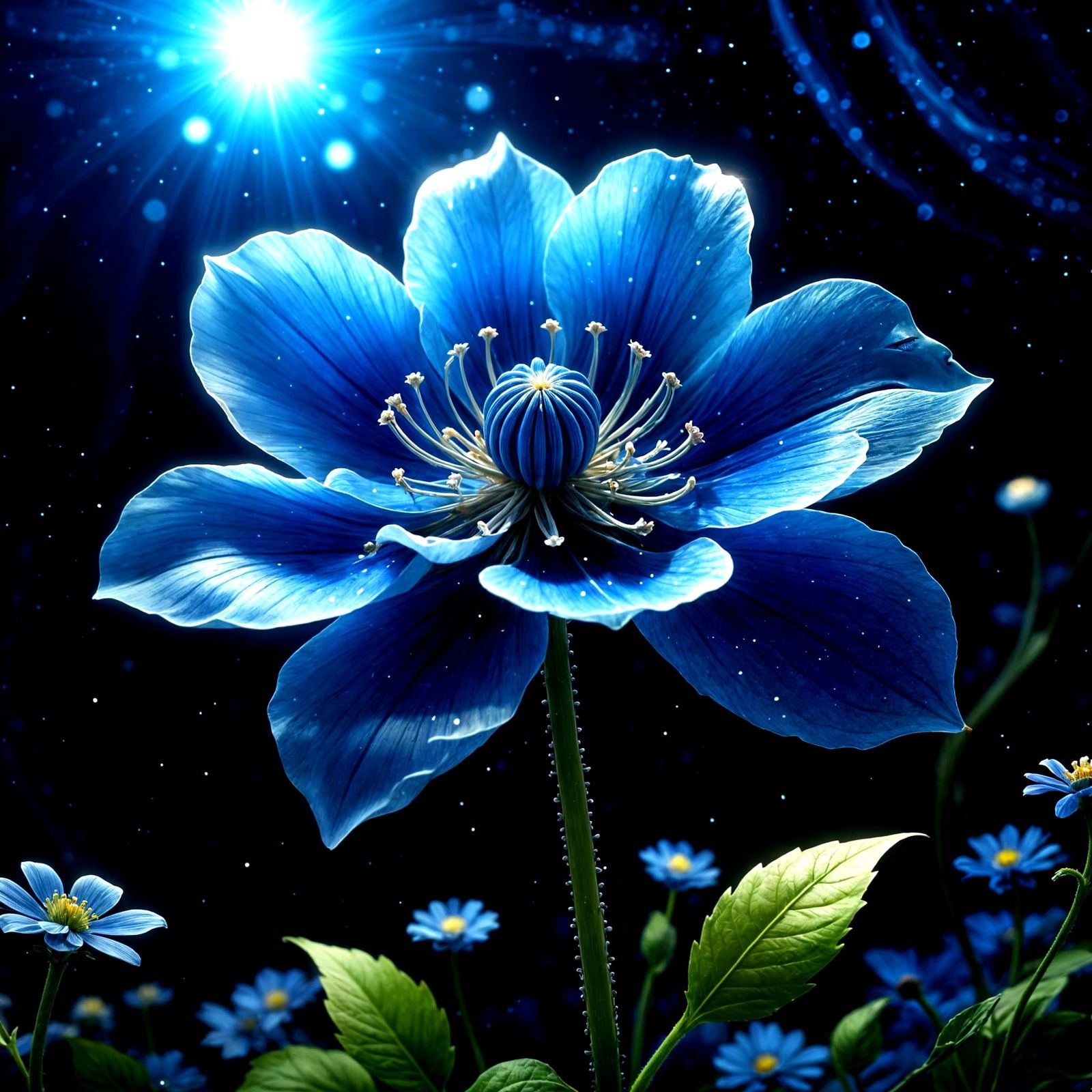Luminescent Blue Flower in Ethereal Celestial Garden