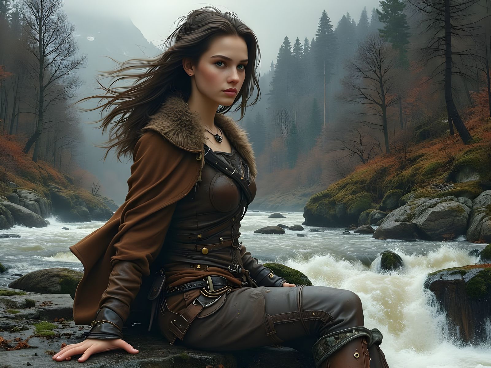 Norse Goddess by Mountain Stream in Photorealistic Style