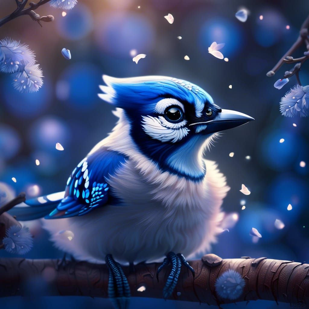 Hyperrealistic Blue Jay with Sakura Petals