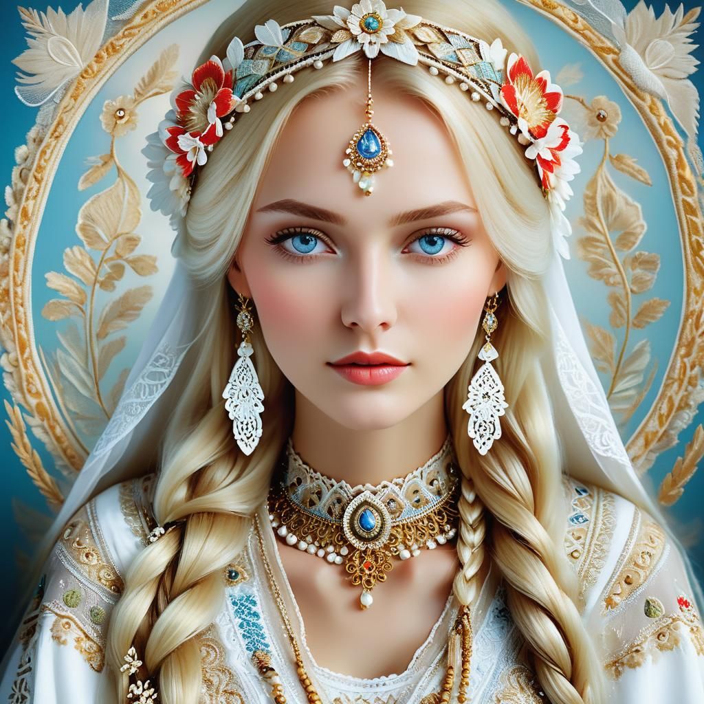 Angelic Slavic Beauty in Folk Art Style