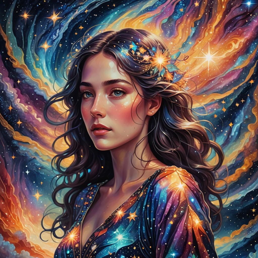 Cosmic Woman in Starry Dress, Surreal Illustration