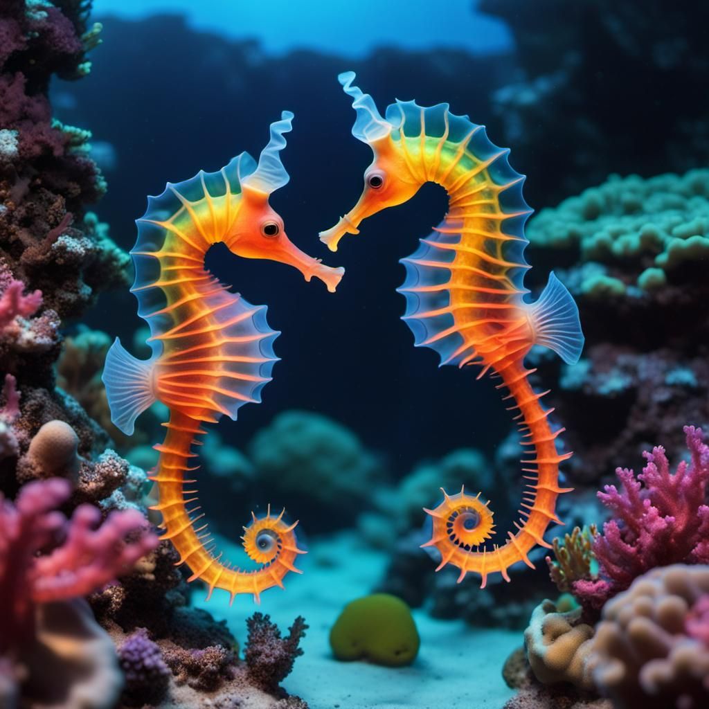 Neon Seahorse Foals in Bioluminescent Coral Kingdom