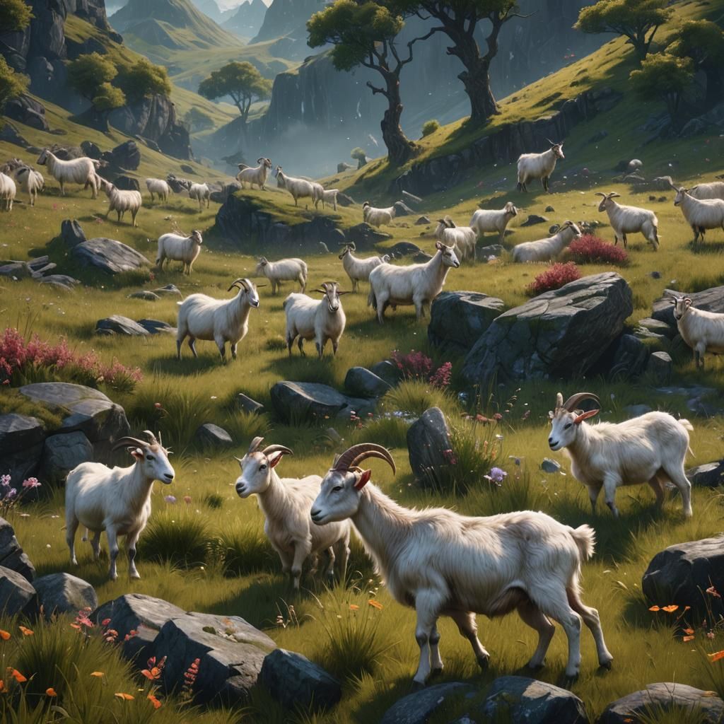 Goat on a Fantastical Meadow: Detailed Matte Painting