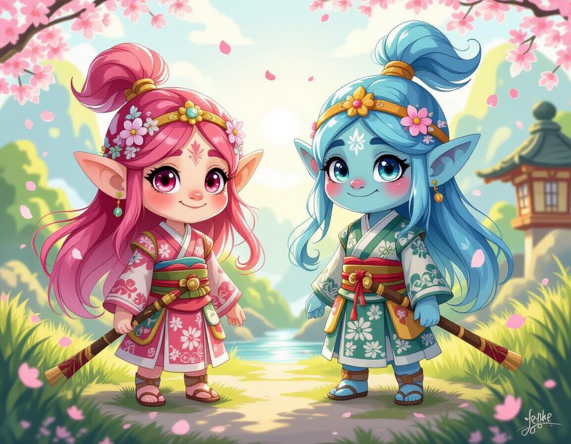 Magical Japanese Trolls in Sakura Sunlight