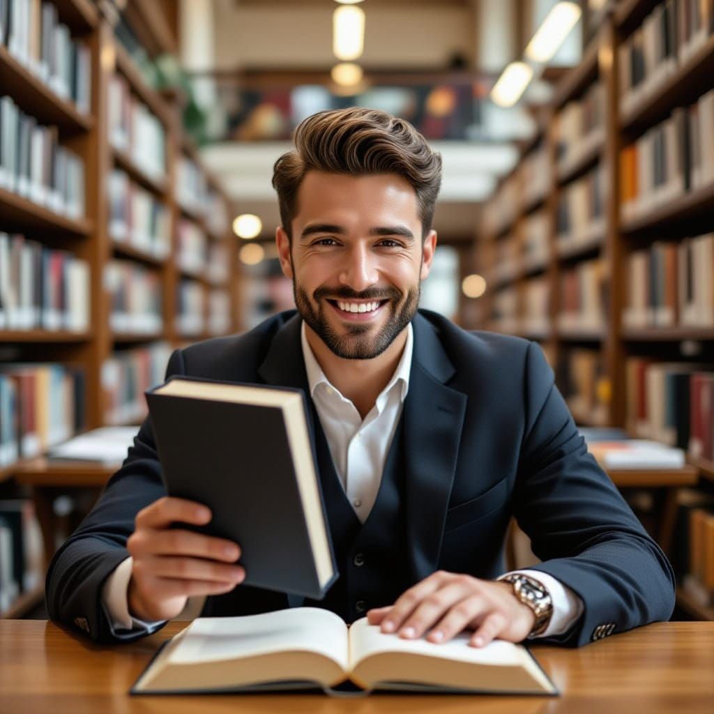 Smiling Man Offers Book in Library Setting