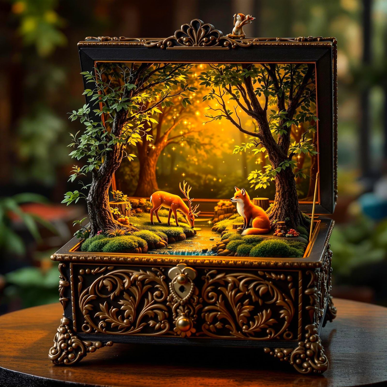 Whimsical Wildlife Refuge in Antique Music Box