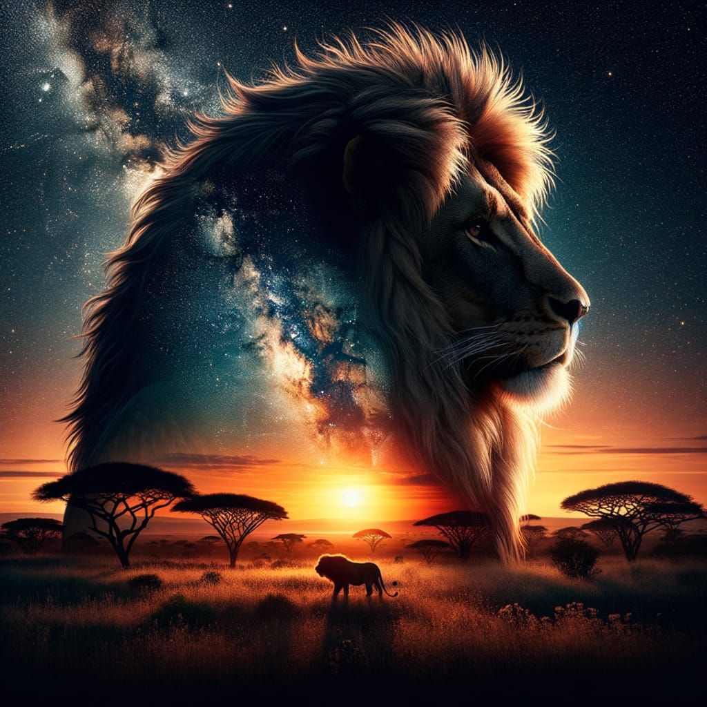 Lion Silhouette with Savanna Sunset and Starry Sky