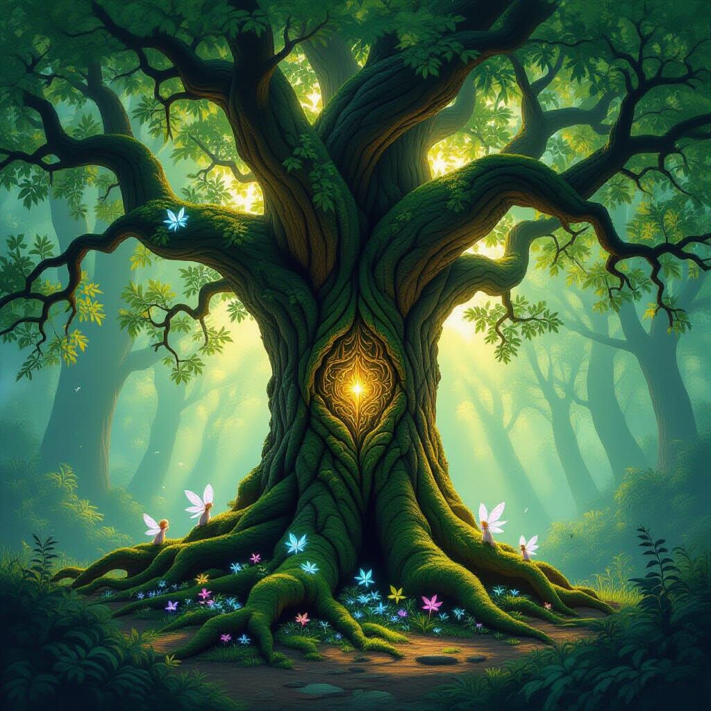 Ancient Rune Tree Guardian in Sun-Dappled Clearing