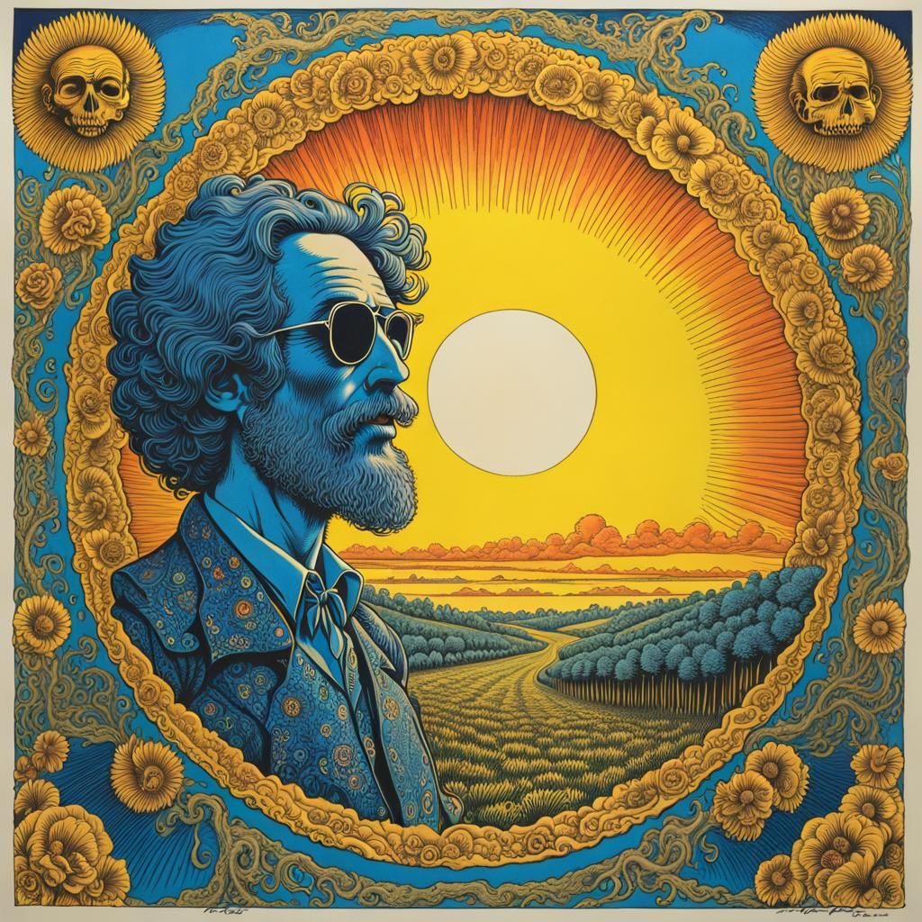 Grateful Dead Robert Crumb illustration yellow sky, blue sun...