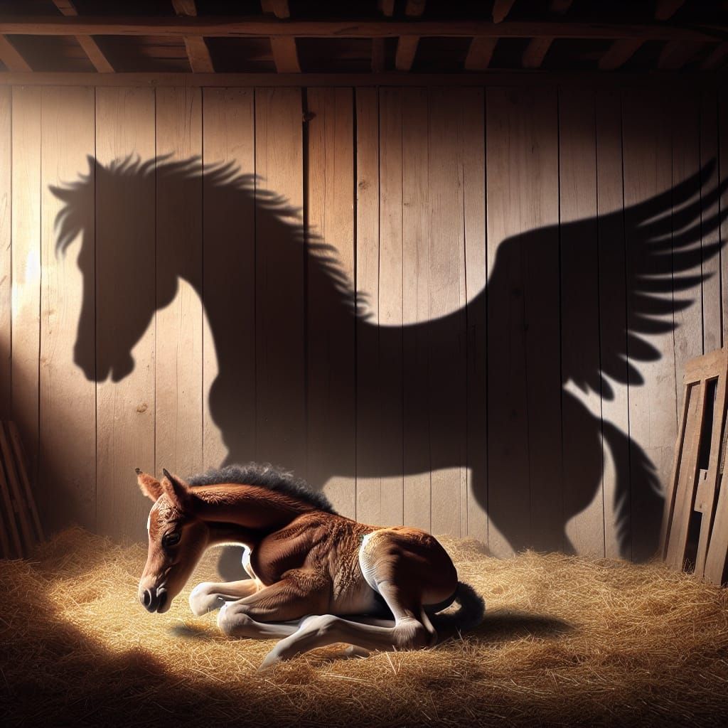 Newborn Foal Faces Majestic Pegasus Shadow in Cozy Barn