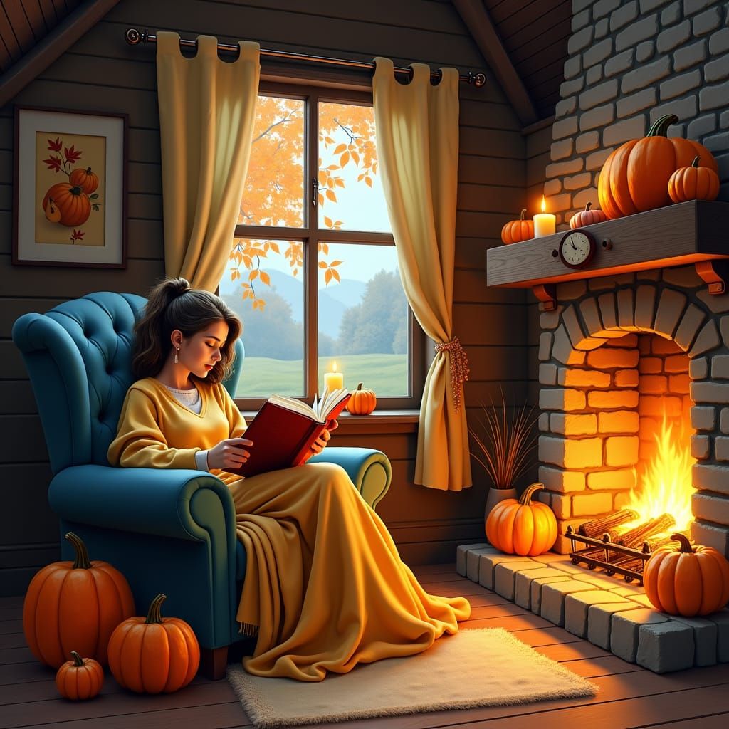 Cozy Cottage Scene with Fireplace, Autumn Leaves