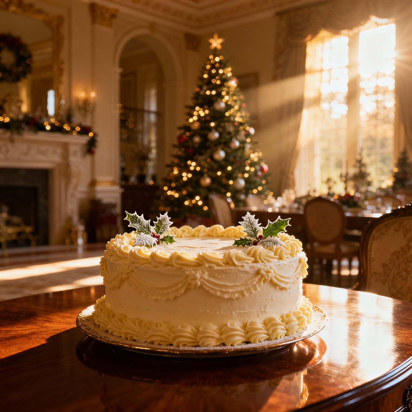 Opulent Christmas Cake in Golden Hour Mansion
