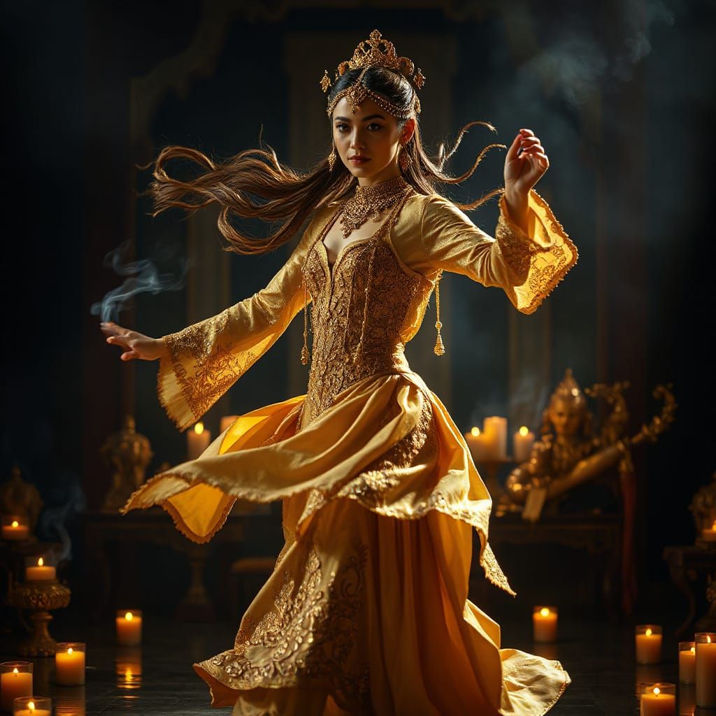 Golden Dancer in Dim Temple, Dark Fantasy Style