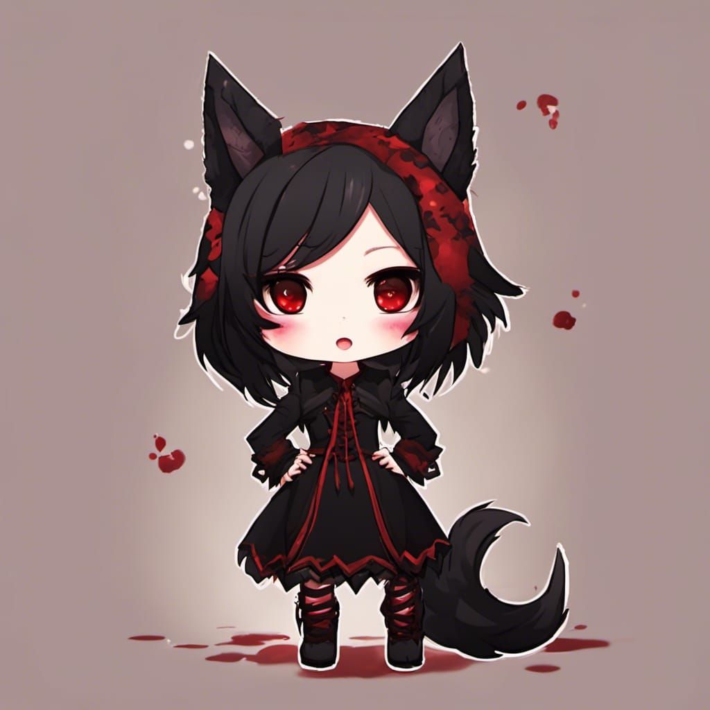 Gothic Chibi Siren with Wolf Features at Night