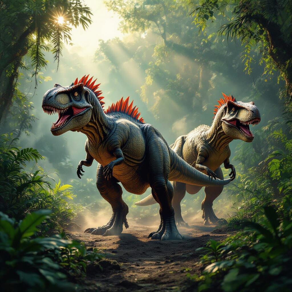 Hybrid Dinosaur Emerges in Lush Prehistoric Jungle