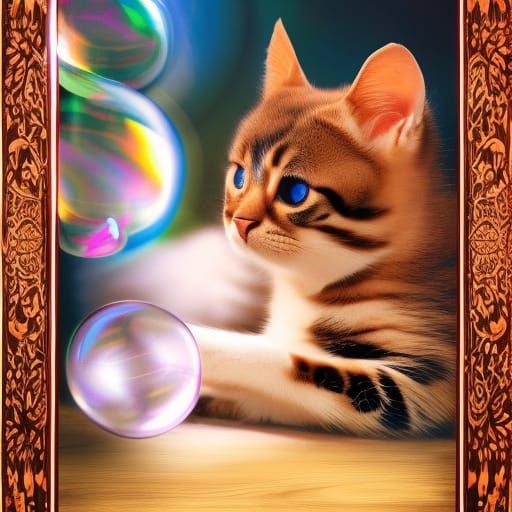 Elegant Cat with Kittens Playing with Bubbles