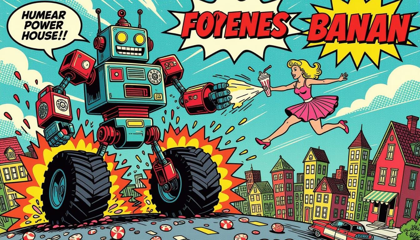 Giant Toaster Robot Attacks Candy City in Comic Style