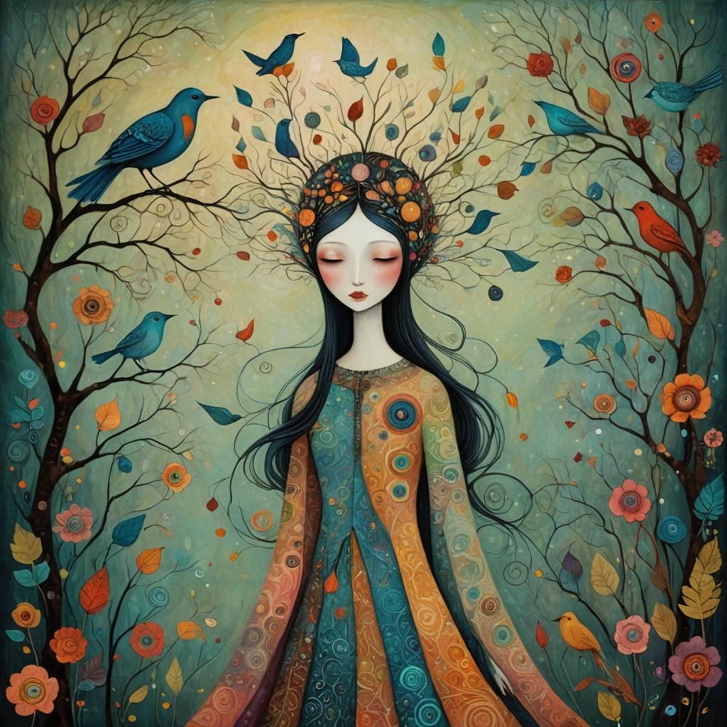 Dreamlike Woman-Bird in Art Brut Style