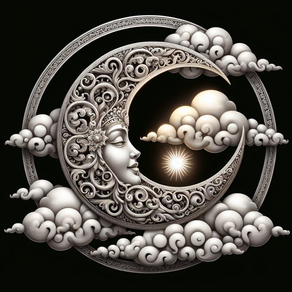 a unique detailed lighted crescent moon with scroll work , a...