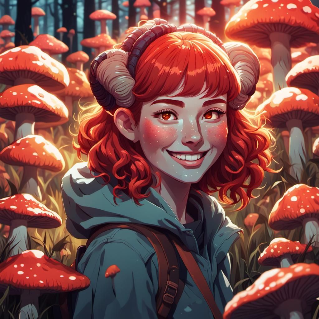 Vibrant Anime Portrait of Ram Horned Red Headed Girl in Mush...