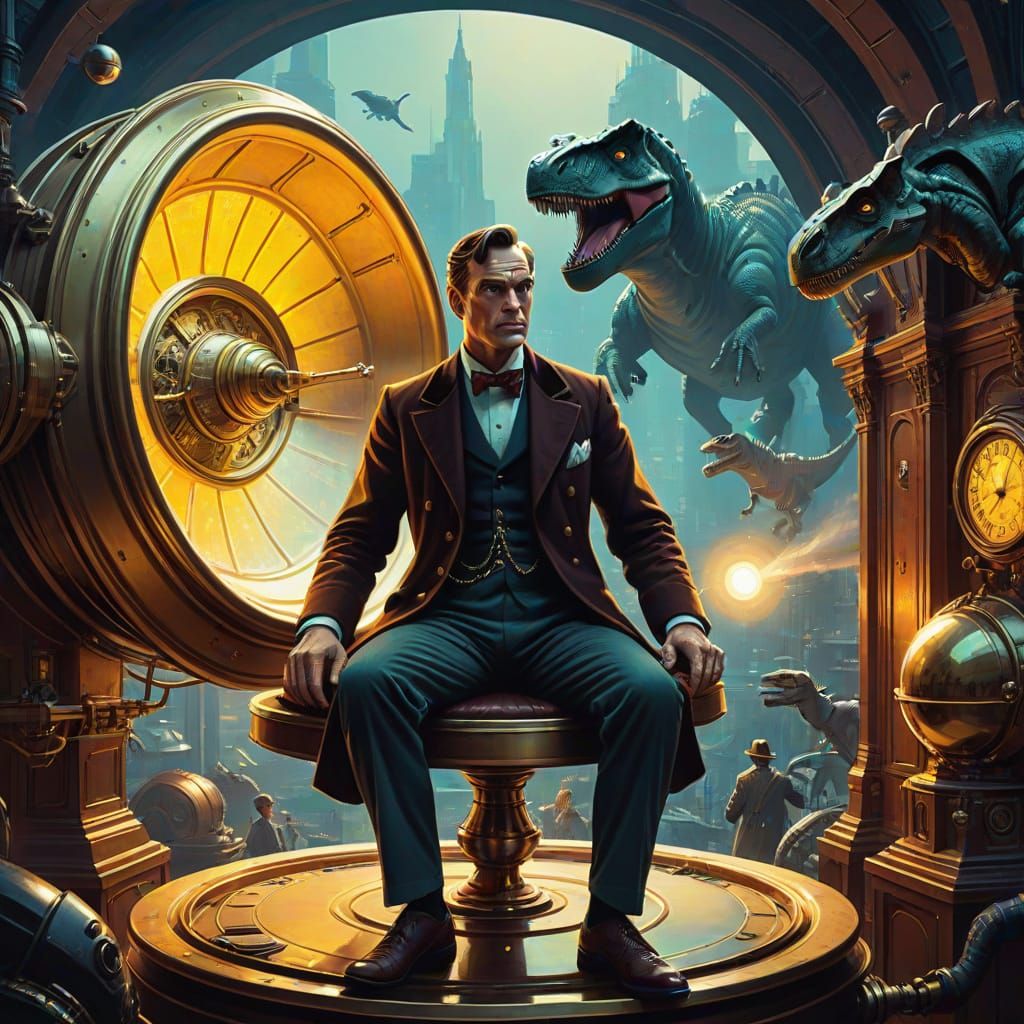 Victorian Inventor's Time Machine in Pulp Sci-Fi Style