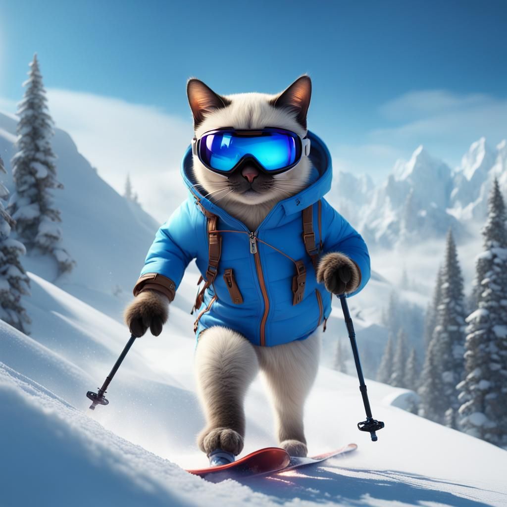 Siamese Cat Skiing in Snow, Fantasy Art