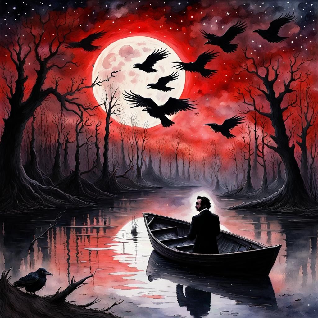 Eerie Watercolor: Edgar Allan Poe in Gothic Swamp
