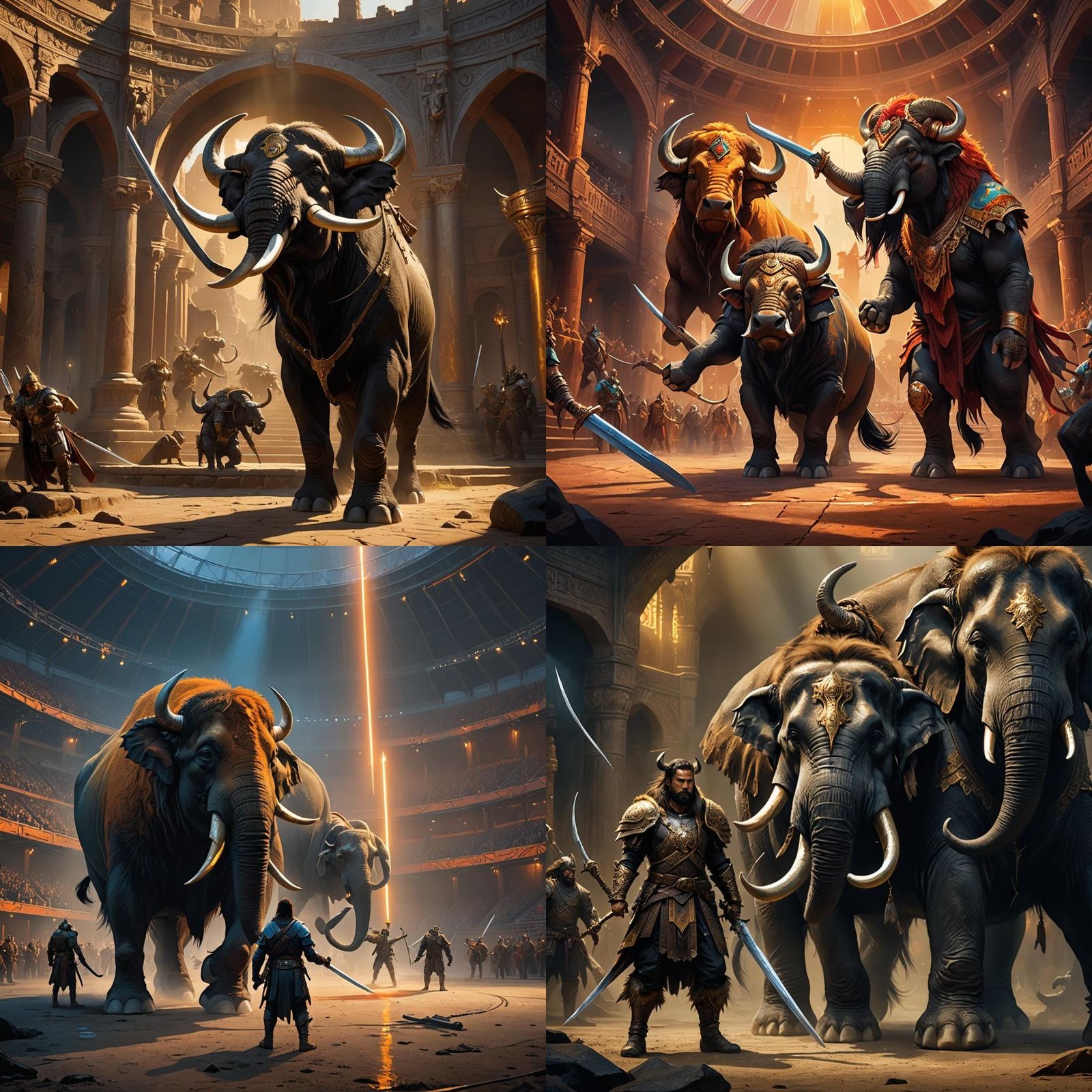 Buffalo-Elephant Hybrid Warrior in Arena: Digital Art
