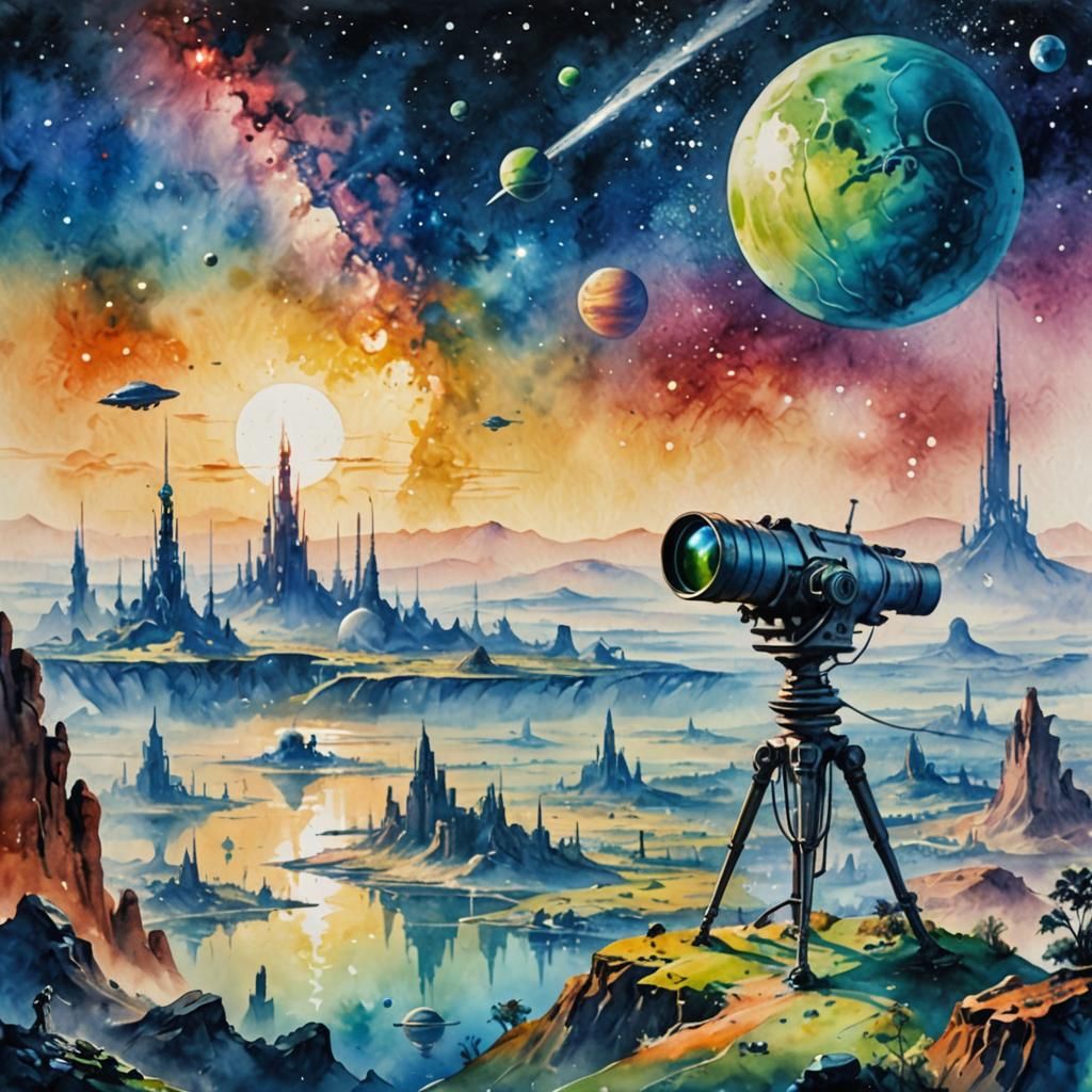 Watercolor Alien World with Telescope and Spaceships