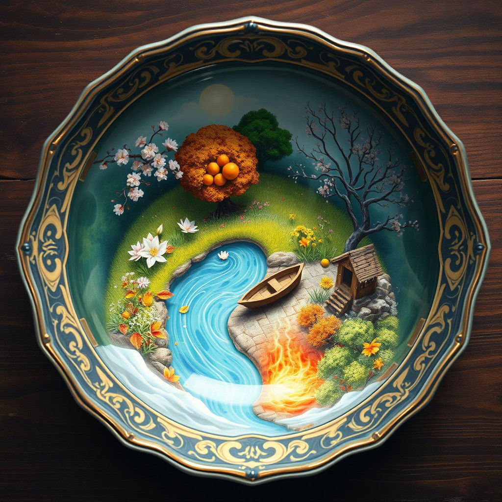 Surreal Four Seasons Miniature World in Ornate Bowl