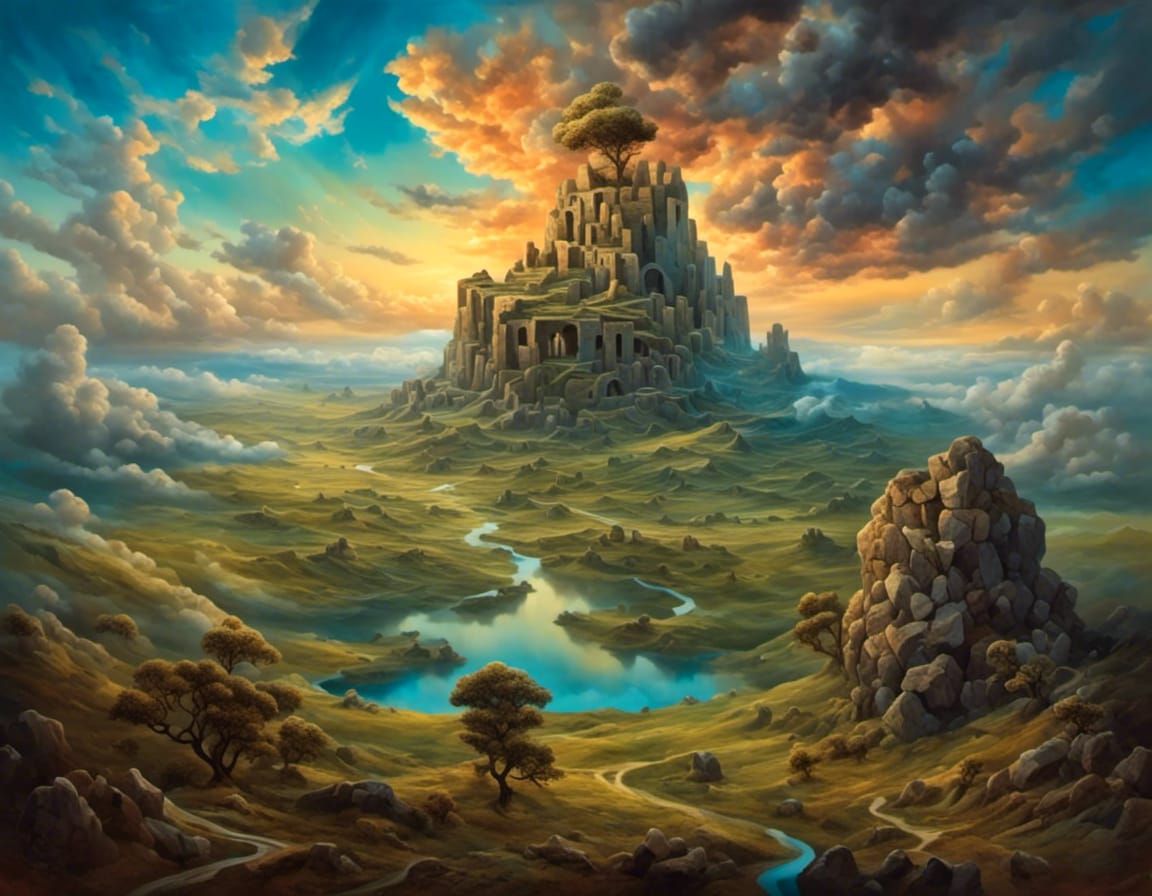 Surreal Violin Tower in Twilight, Vladimir Kush Style