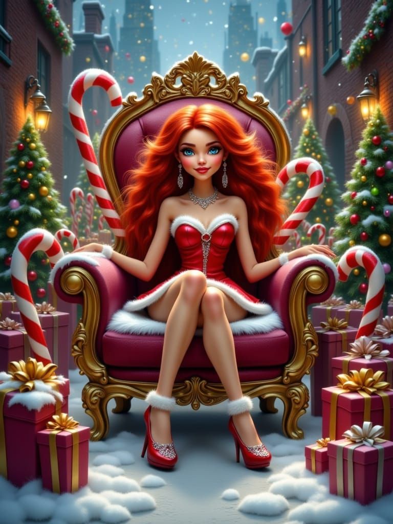 Elf Woman in Graffiti Alley on Candy Cane Throne