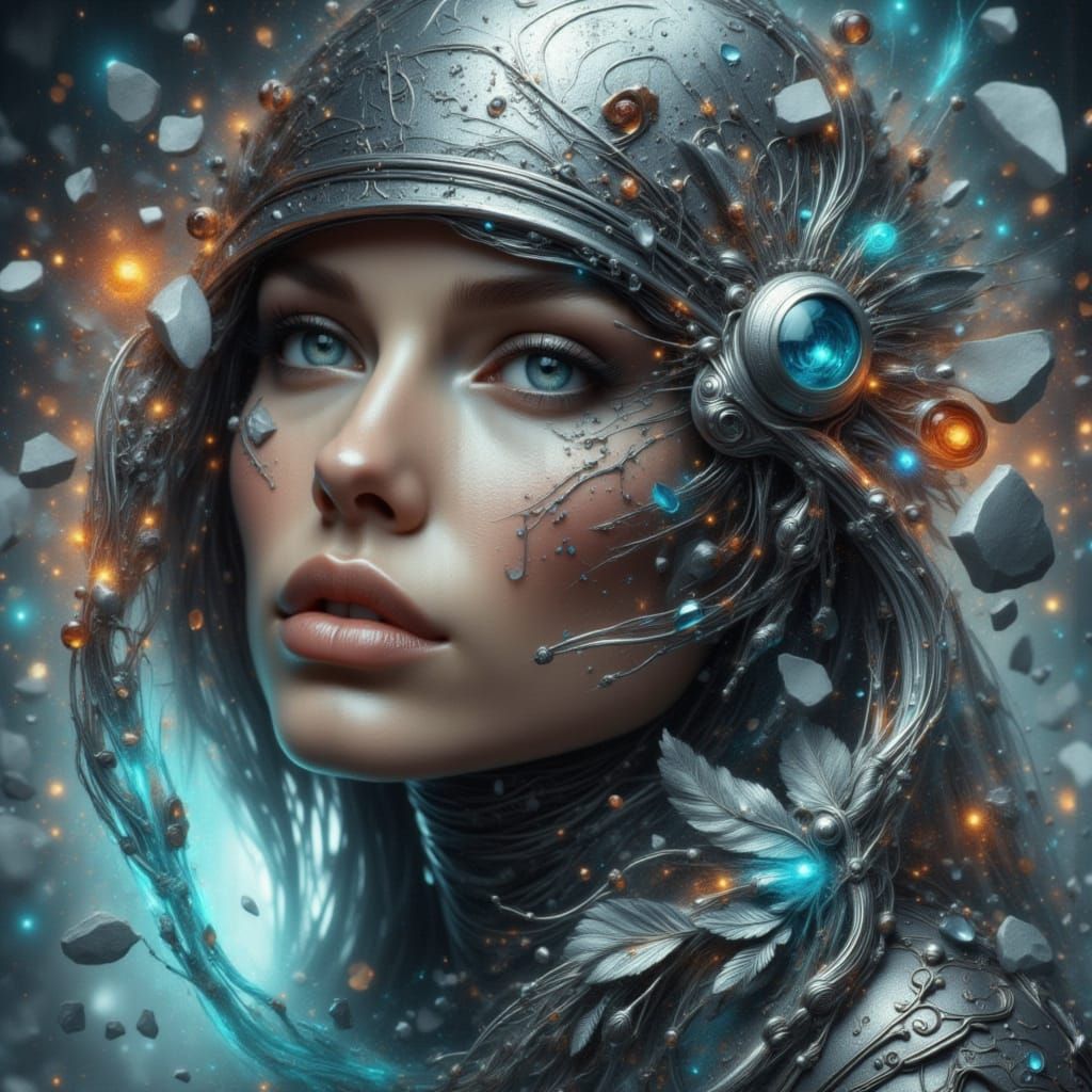 Beautiful Female Cyborg in Layered Art Style