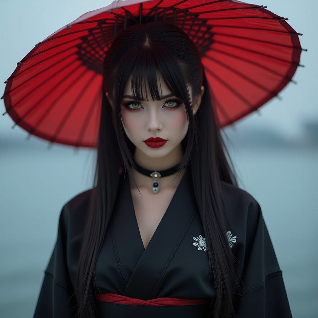 Gothic Japanese Woman in Stormy Underworld